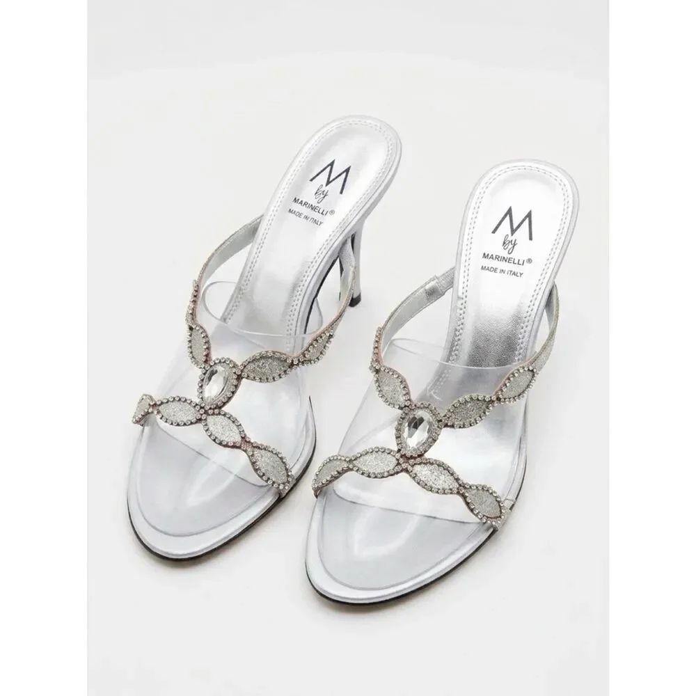 SILVER BACKLESS SANDALS w RHINESTONES 3” HEEL SIZE 7.5 by M by MARINELLI